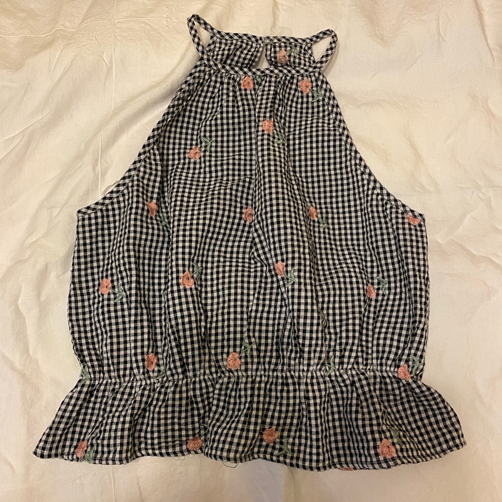 plaid top with embroidered flowers